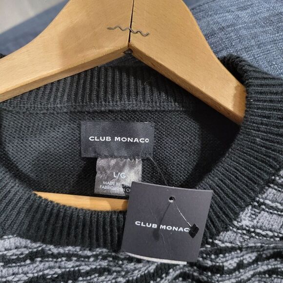 Club Monaco Wool Caviar Knit Textured Plaid Crewneck Black Gray Sweater Size L - Picture 5 of 5